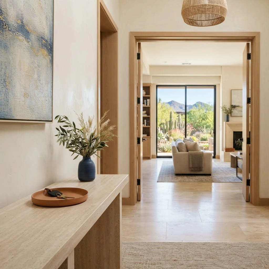 Illustrative residence entry prepared for arrival. AI-generated illustration, not a client property.