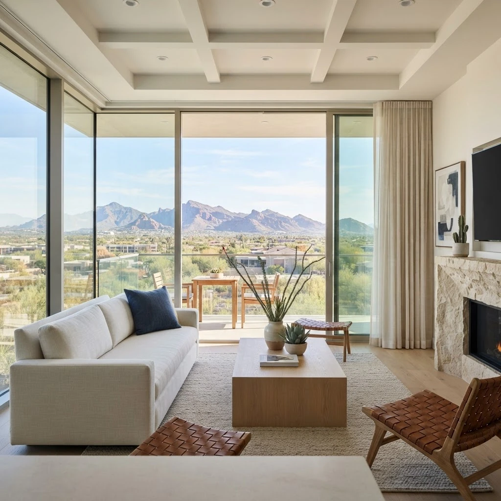 Illustrative condominium living room with desert mountain views. AI-generated illustration, not a client property.