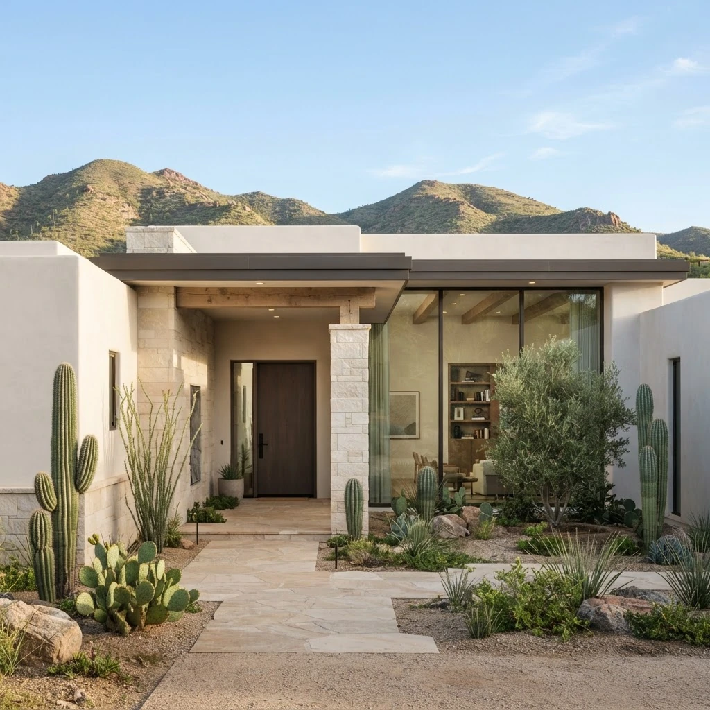 Illustrative desert residence with a landscaped entrance. AI-generated illustration, not a client property.
